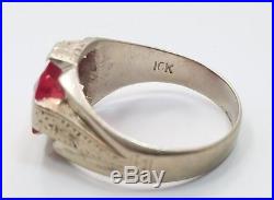 Great Vintage Art Deco Mens 10k White Gold Red Stone Detailed Ring Size 10.5