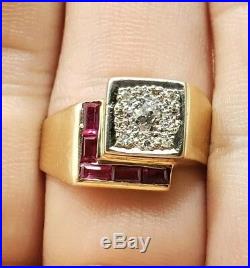 Great Vintage Art Deco Mens 14k Yellow Gold Diamond Ruby Ring Size 10.25