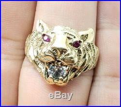 Great Vintage Men's 10k Yellow Gold Cat Tigar Face Ring Size 9.5