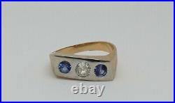 Groovy 60's Vintage Men's Asymmetrical 14k Ring With 2 Sapphires and a Diamond