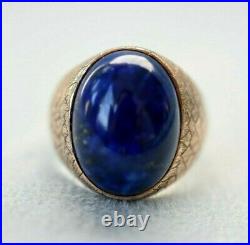 HUGE 10K Gold Vintage Men's Blue Lapis Lazuli Size 13 Cross Hatched Pattern Ring