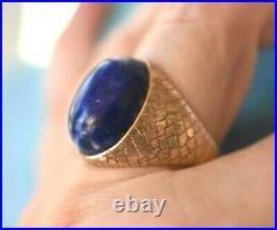 HUGE 10K Gold Vintage Men's Blue Lapis Lazuli Size 13 Cross Hatched Pattern Ring
