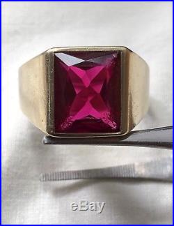 HUGE 5.05ct Vintage Art Deco Fine 10k Gold Ruby Men's Ring GLOWS UNDER UV