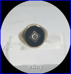Handsome Men's 14k Yellow Gold Vintage Onyx & Diamond Pinky Ring- Size 5.5