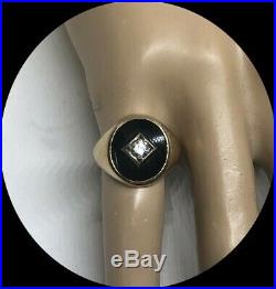 Handsome Men's 14k Yellow Gold Vintage Onyx & Diamond Pinky Ring- Size 5.5