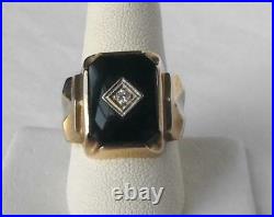 Handsome Mens Vintage 10k Gold Black Onyx Diamond Ring LARGE HEAVY 9 gr Sz 9.25