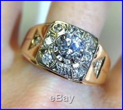 Heavy Vintage Diamond Men's Ring Solid 14K Yellow Gold Size 13