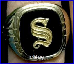 Heavy Vintage Mens Black ONYX Initial S RING 10K Yellow Gold Size 10