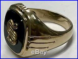 Heavy Vintage Mens Black ONYX Initial S RING 10K Yellow Gold Size 10