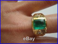 Huge Men's GiftVtg 14k gold 3.2ct diamond Colombian Emerald Ring Siz9Free Ship