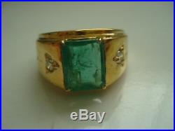 Huge Men's GiftVtg 14k gold 3.2ct diamond Colombian Emerald Ring Siz9Free Ship