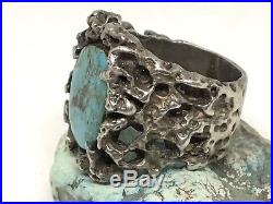Huge Mens Vintage Handmade Sterling Silver Turquoise Biker Ring (Size 14)