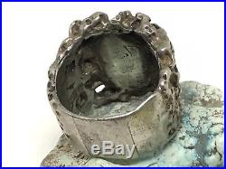 Huge Mens Vintage Handmade Sterling Silver Turquoise Biker Ring (Size 14)