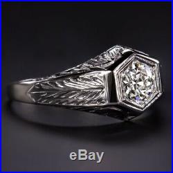 I Vs2 Old European Cut Diamond Ring Art Deco Vintage White Gold Engraved Mens
