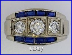 ImportantMen's Diamonds+Sapphires14K White Gold3 Stone RingVintage1940sWOW