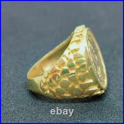 Indian Head 14k Gold Plated Coin Men's Nugget Engagement Antique Ring 925 Silver