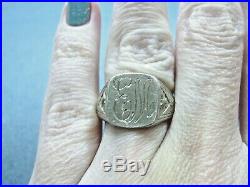 L@@K Antique Vntg Solid 14K White Gold Men's Signet Ring Initials EM sz 9 heavy