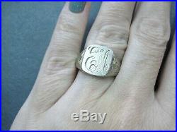 L@@K Antique Vntg Solid 14K White Gold Men's Signet Ring Initials EM sz 9 heavy