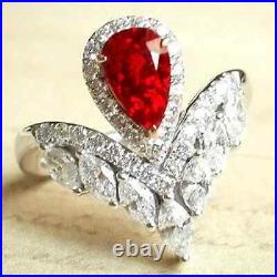 Lab Created Ruby 1.60Ct Pear Vintage Wedding Ring 14K White Gold Silver Plated