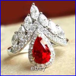 Lab Created Ruby 1.60Ct Pear Vintage Wedding Ring 14K White Gold Silver Plated