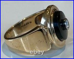 Large Men's Gents Vintage Antique 9Ct Gold Signet Ring Diamond Set in Black Onyx