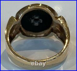 Large Men's Gents Vintage Antique 9Ct Gold Signet Ring Diamond Set in Black Onyx