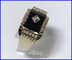 Large Vintage 14k Yellow Gold Mens Diamond & Onyx Ring Sz Mans Band Size 14