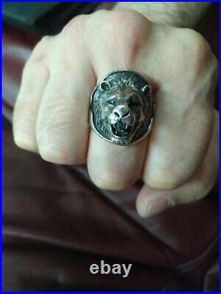 Large Vintage Lion Silver Biker Ring Size 12.5