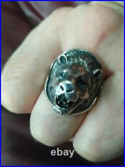 Large Vintage Lion Silver Biker Ring Size 12.5