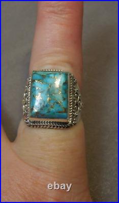 Large Vtg Sterling Silver Turquoise & Gold Mosaic Men's Unisex Ring Sz 10-1/2