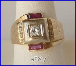MENS Vintage 14k Gold Retro Art Deco Diamond+Ruby Buckle Band Ring Sz 9.257.1gr