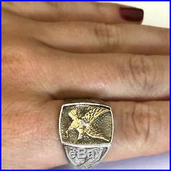 M & GN Sterling Silver 10K Solid Gold Diamond Eagle Mens Ring VTG Size 11
