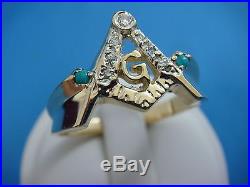 Masonic Compass Men`s Vintage Ring With Diamonds And 2 Turquoise, Ring Size 14