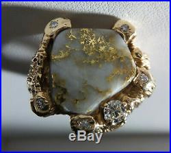 Massive 14 K Gold Vintage Gold In Quartz Vs Diamond Mens Ring 20.2 G-size 10 1/4