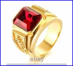 Men 4CT Lab-Created Red Ruby Vintage Art Pinky Ring 14K Yellow Gold Plated SZ 10