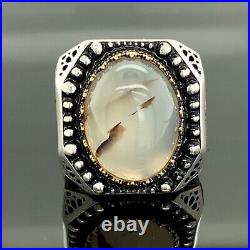 Men Handmade Ring Yemen Agate Ring, Large Agate Stone Ring 925k Silver Ring