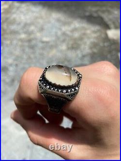 Men Handmade Ring Yemen Agate Ring, Large Agate Stone Ring 925k Silver Ring