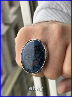 Men Yemen Agate Ring Silver Large Handmade Ring, Blue Yemen Agate Gemstone Ring