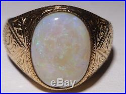 Men's 14k Gold Genuine Large Opal Black Ring Hand Engraved Vintage Design