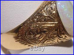 Men's 14k Gold Genuine Large Opal Black Ring Hand Engraved Vintage Design