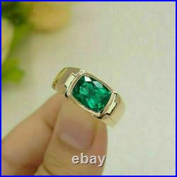 Men's 1.80Ct 14K Yellow Gold Over Cushion Cut Green Emerald Wedding Vintage Ring