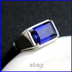 Men's 3Ct Emerald Cut Blue Sapphire Solitaire Wedding Ring 14K White Gold Plated