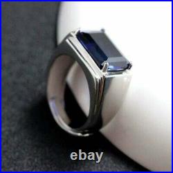 Men's 3Ct Emerald Cut Blue Sapphire Solitaire Wedding Ring 14K White Gold Plated