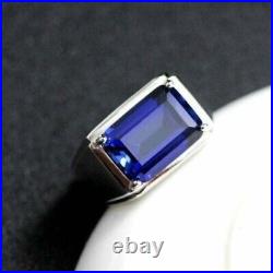 Men's 3Ct Emerald Cut Blue Sapphire Solitaire Wedding Ring 14K White Gold Plated