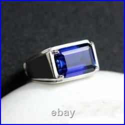 Men's 3Ct Emerald Cut Blue Sapphire Solitaire Wedding Ring 14K White Gold Plated