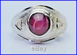 Men's 3.50ct Natural Star Ruby Diamond Accents 14K White Gold Ring Vintage