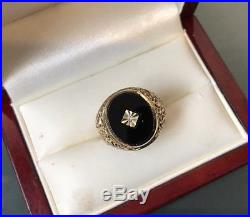 Men's 9ct Gold Vintage Onyx Stone Signet Ring & Diamiond Size R W5.3g Stamped