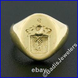 Men's Antique 18k Yellow Gold Engraved Seal Polished Large Heavy Signet Ring