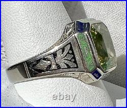 Men's Antique Art Deco c 1920 10K Gold VASELINE YellowithGreen SPINEL Enamel Ring