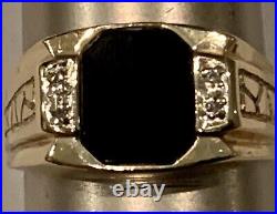 Men's Black Onyx 10k Solid Yellow Gold Ring Vintage Ring Estate Diamonds